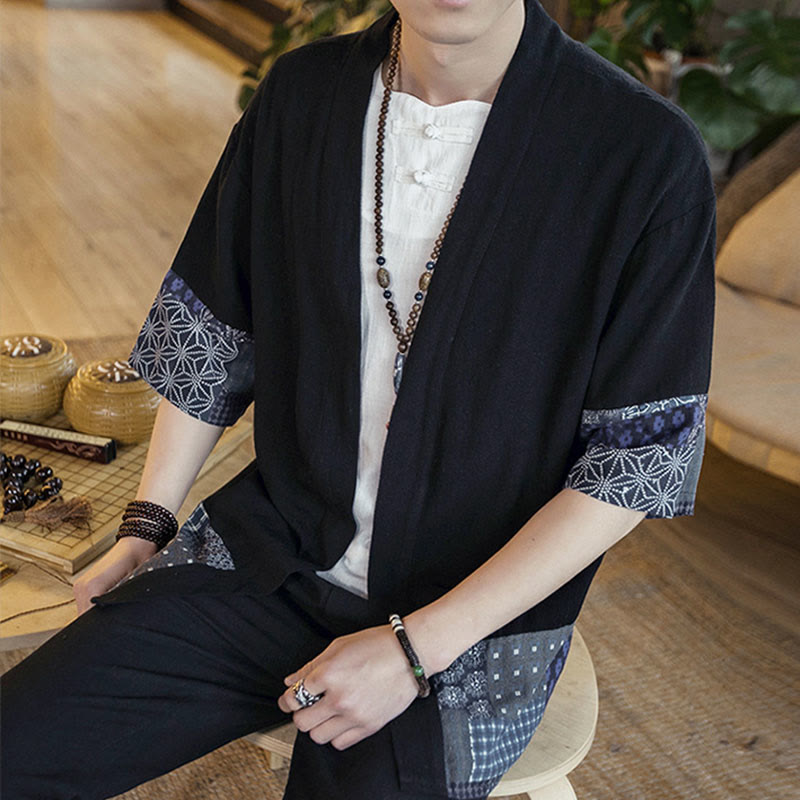 Ethnic Printing Patchwork Half Sleeve Open Front Jacket Cotton Linen Men's Kimono