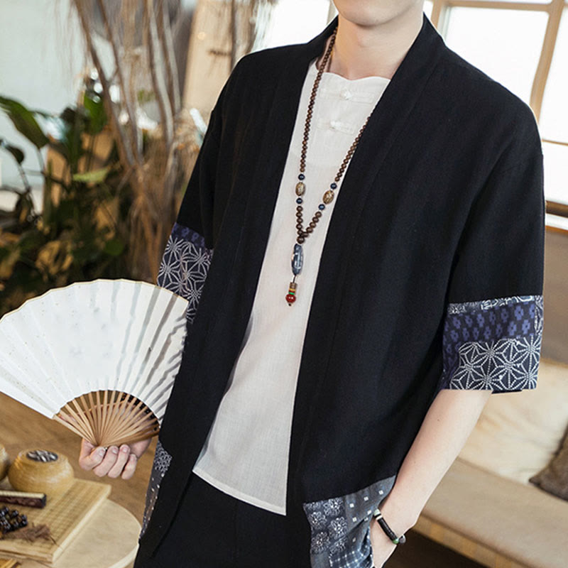 Ethnic Printing Patchwork Half Sleeve Open Front Jacket Cotton Linen Men's Kimono