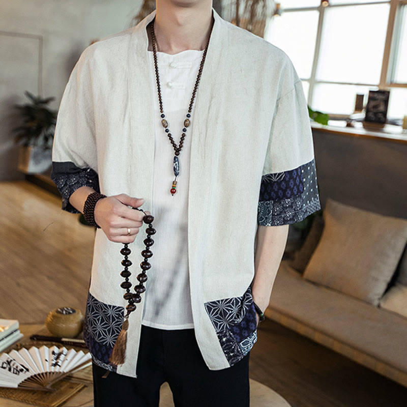Ethnic Printing Patchwork Half Sleeve Open Front Jacket Cotton Linen Men's Kimono