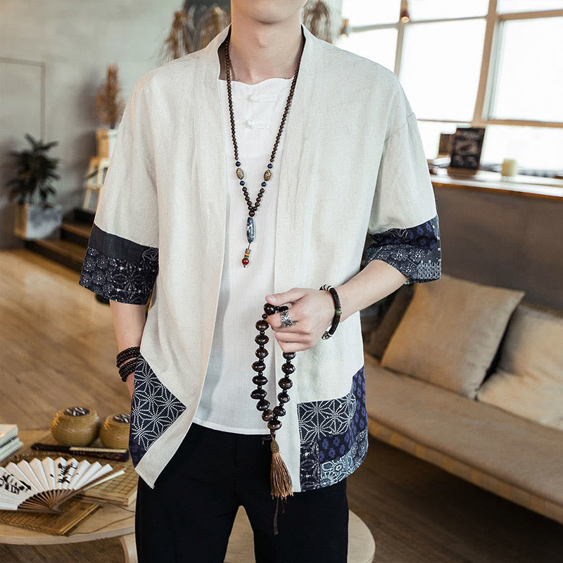 Ethnic Printing Patchwork Half Sleeve Open Front Jacket Cotton Linen Men's Kimono