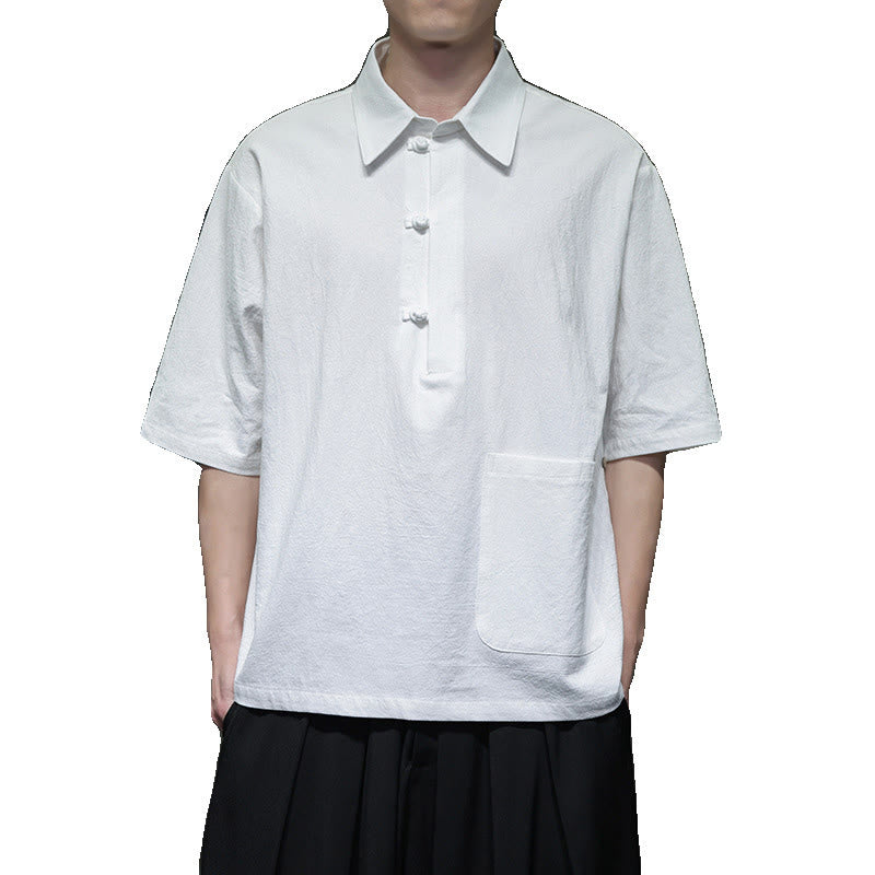 Commute Plain Half Buttons Design Men's Cotton Linen Half Sleeve Shirt With Pocket