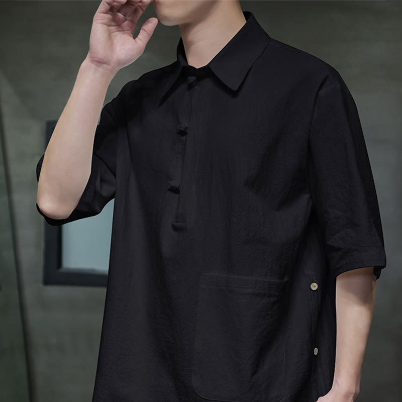 Commute Plain Half Buttons Design Men's Cotton Linen Half Sleeve Shirt With Pocket
