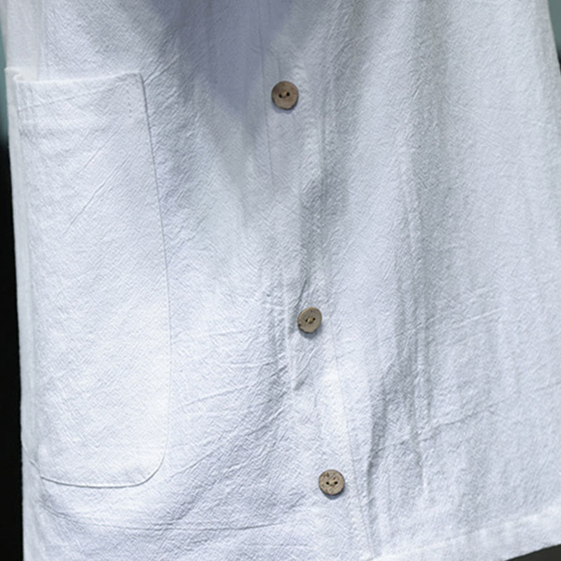 Commute Plain Half Buttons Design Men's Cotton Linen Half Sleeve Shirt With Pocket
