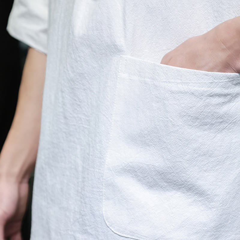 Commute Plain Half Buttons Design Men's Cotton Linen Half Sleeve Shirt With Pocket