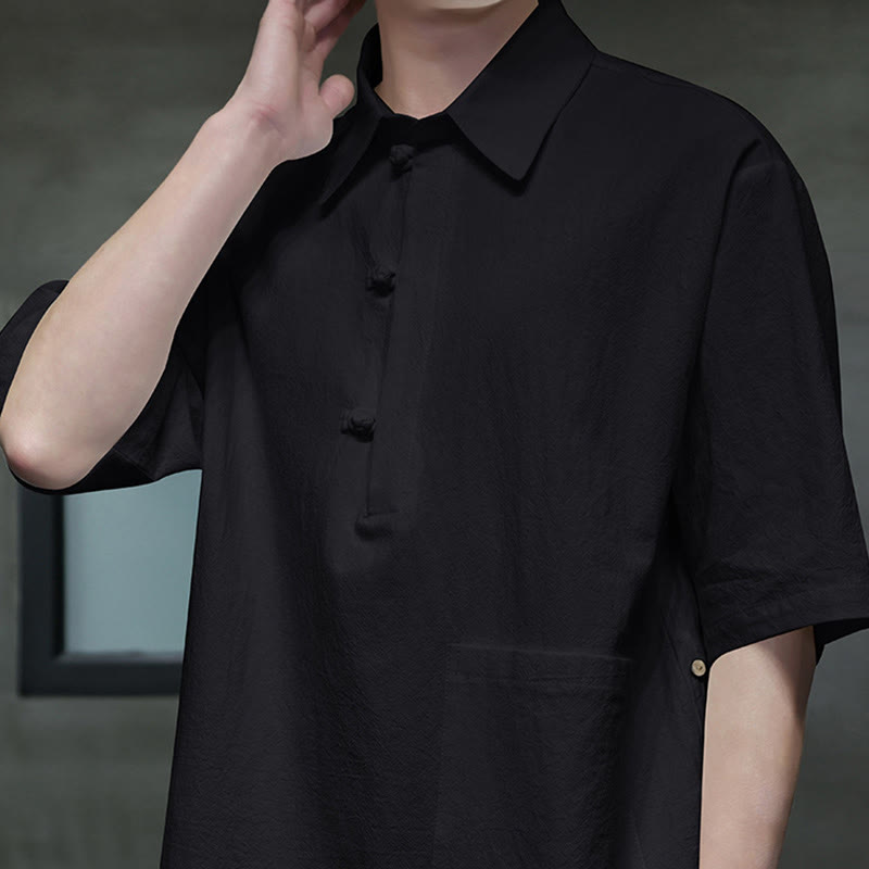 Commute Plain Half Buttons Design Men's Cotton Linen Half Sleeve Shirt With Pocket