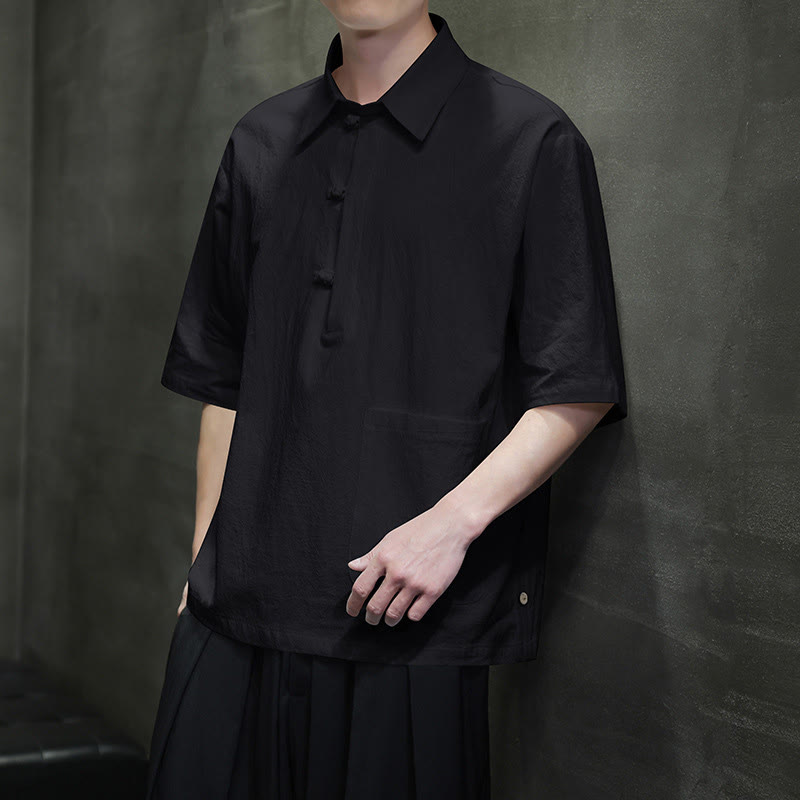 Commute Plain Half Buttons Design Men's Cotton Linen Half Sleeve Shirt With Pocket