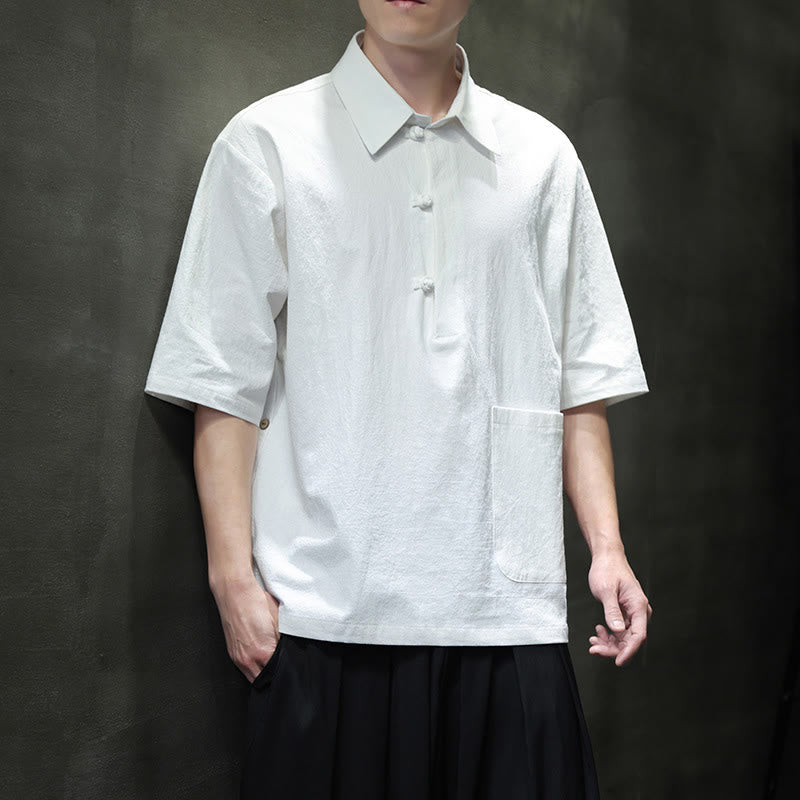 Commute Plain Half Buttons Design Men's Cotton Linen Half Sleeve Shirt With Pocket
