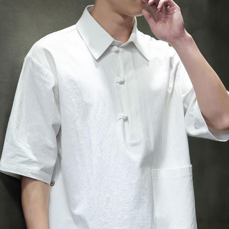 Commute Plain Half Buttons Design Men's Cotton Linen Half Sleeve Shirt With Pocket