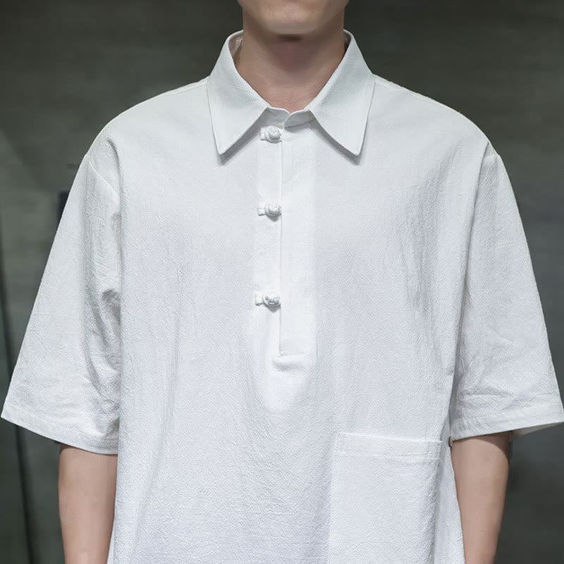 Commute Plain Half Buttons Design Men's Cotton Linen Half Sleeve Shirt With Pocket