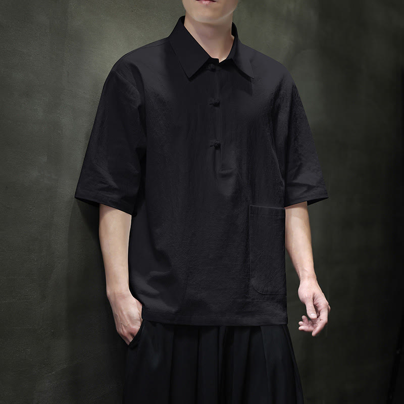 Commute Plain Half Buttons Design Men's Cotton Linen Half Sleeve Shirt With Pocket