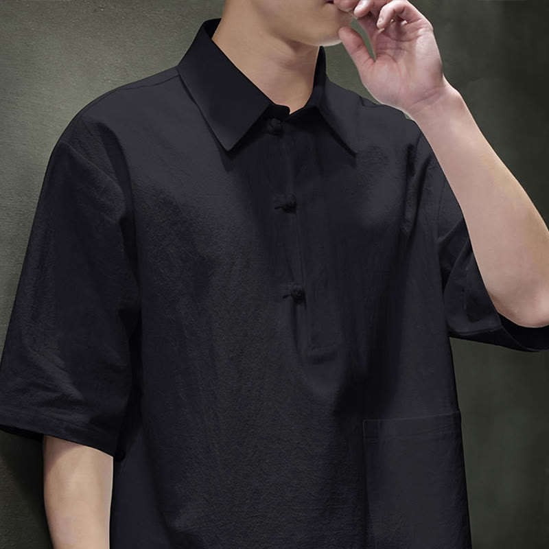 Commute Plain Half Buttons Design Men's Cotton Linen Half Sleeve Shirt With Pocket