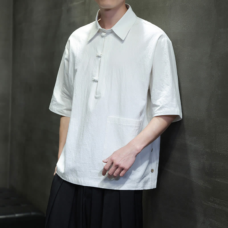 Commute Plain Half Buttons Design Men's Cotton Linen Half Sleeve Shirt With Pocket