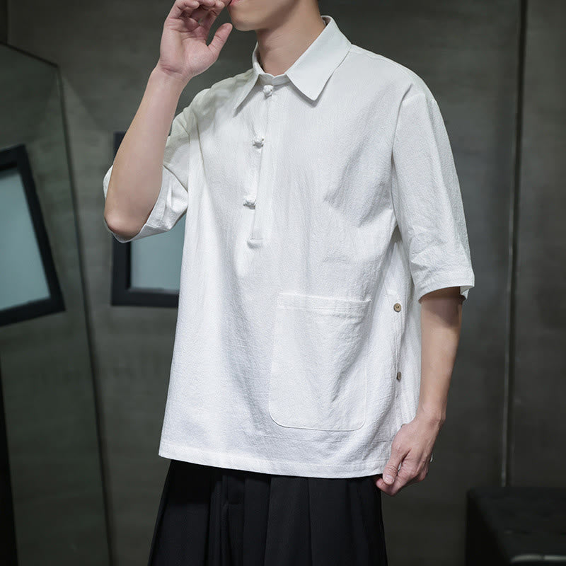 Commute Plain Half Buttons Design Men's Cotton Linen Half Sleeve Shirt With Pocket