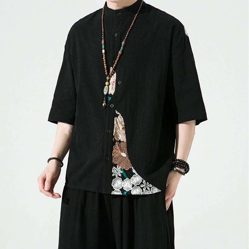 Cotton Linen Embroidered Stand Collar Mindful Shirt