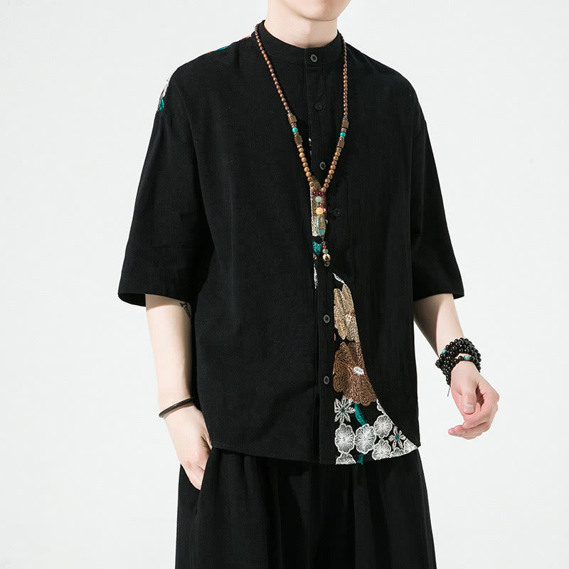 Cotton Linen Embroidered Stand Collar Mindful Shirt