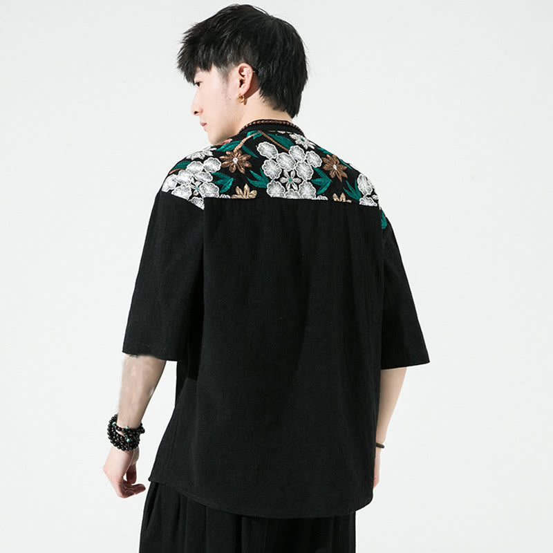 Cotton Linen Embroidered Stand Collar Mindful Shirt