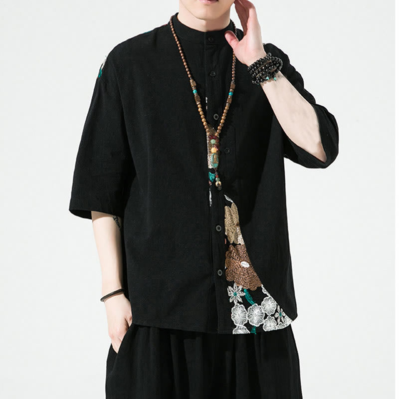 Cotton Linen Embroidered Stand Collar Mindful Shirt