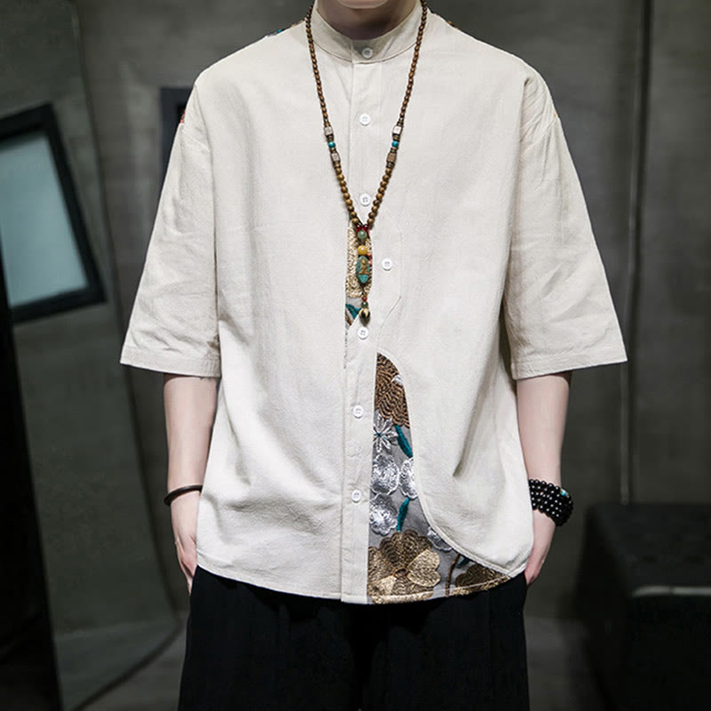 Cotton Linen Embroidered Stand Collar Mindful Shirt