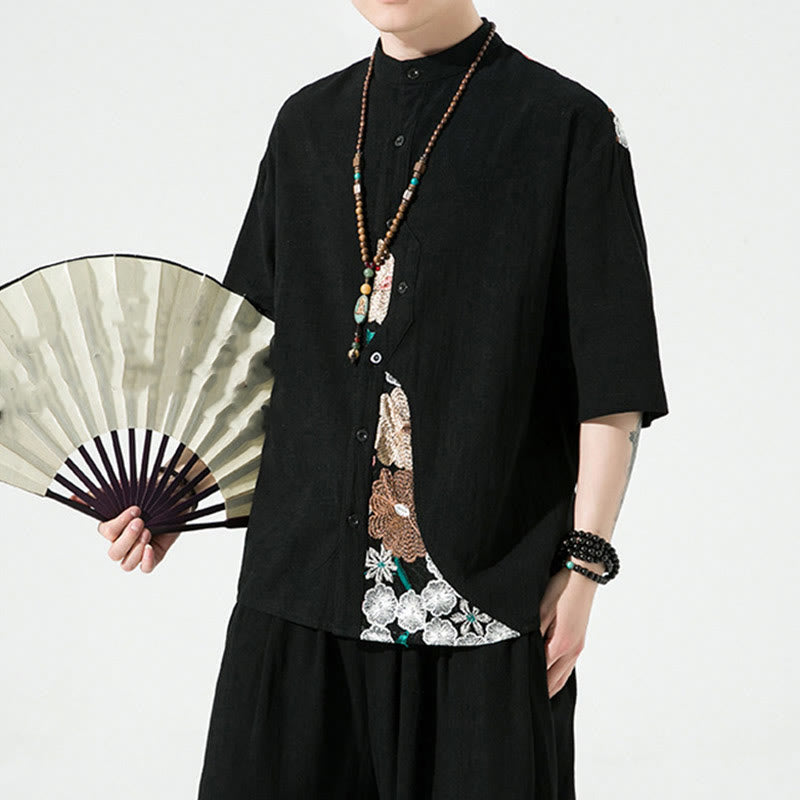 Cotton Linen Embroidered Stand Collar Mindful Shirt