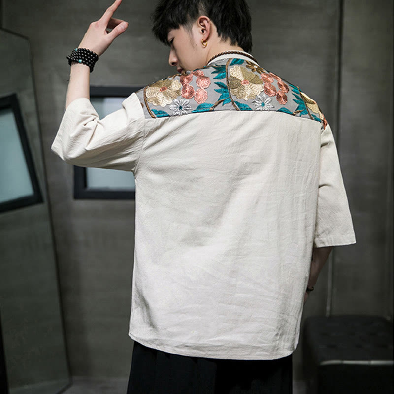 Cotton Linen Embroidered Stand Collar Mindful Shirt