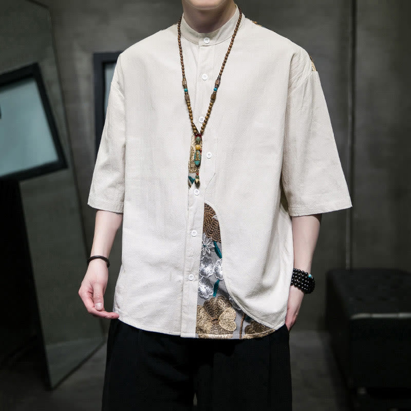 Cotton Linen Embroidered Stand Collar Mindful Shirt