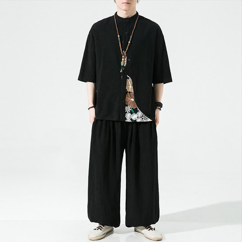Cotton Linen Embroidered Stand Collar Mindful Shirt