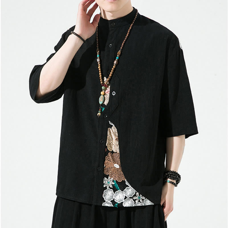 Cotton Linen Embroidered Stand Collar Mindful Shirt