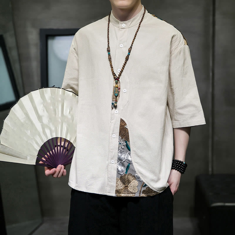 Cotton Linen Embroidered Stand Collar Mindful Shirt