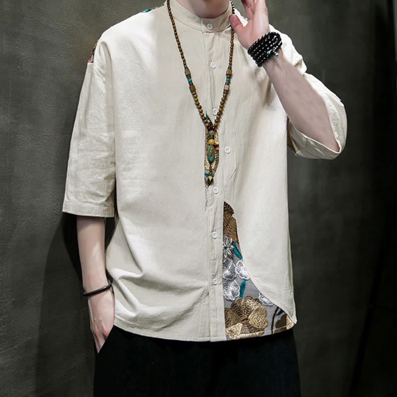 Cotton Linen Embroidered Stand Collar Mindful Shirt