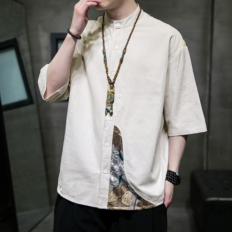 Cotton Linen Embroidered Stand Collar Mindful Shirt