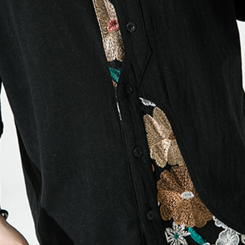 Cotton Linen Embroidered Stand Collar Mindful Shirt