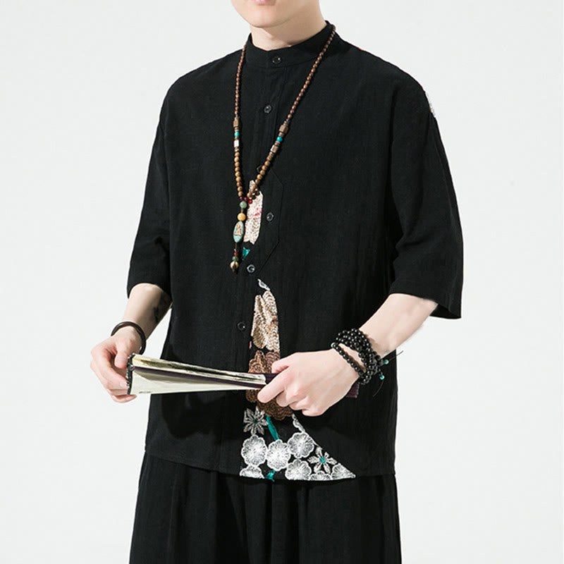 Cotton Linen Embroidered Stand Collar Mindful Shirt