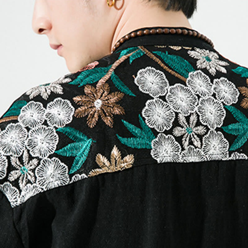 Cotton Linen Embroidered Stand Collar Mindful Shirt