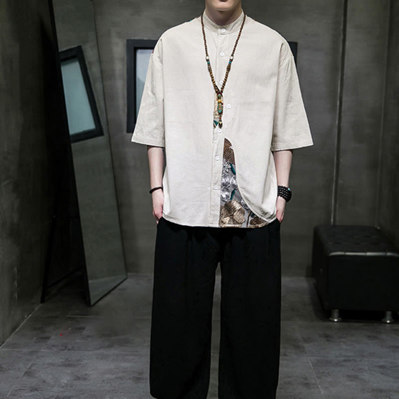 Cotton Linen Embroidered Stand Collar Mindful Shirt