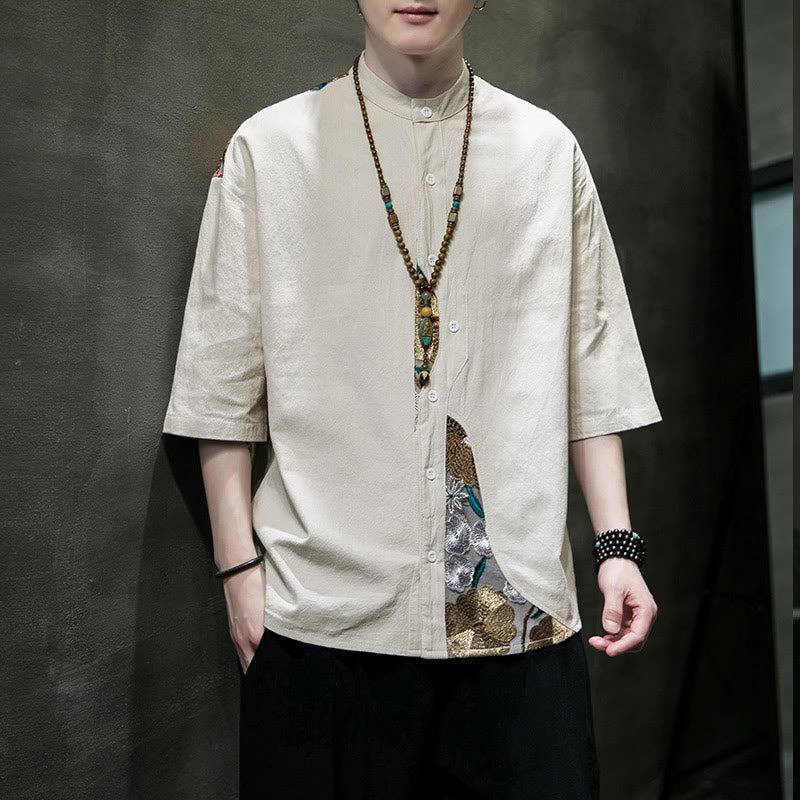 Cotton Linen Embroidered Stand Collar Mindful Shirt