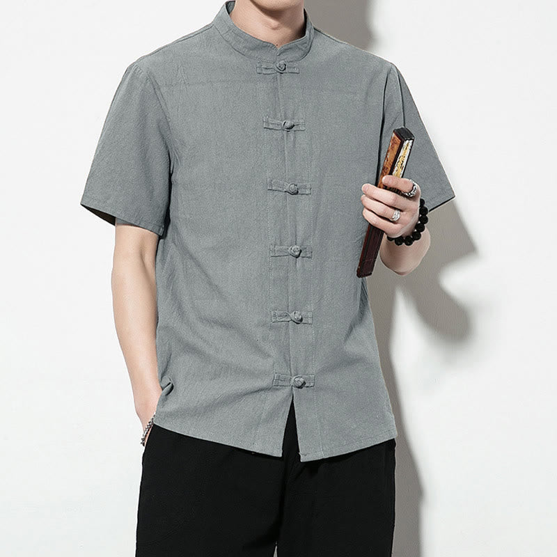 Casual Solid Color Front Frog Buttons Chinese Tang Suit Short Sleeve Linen Men's Shirt