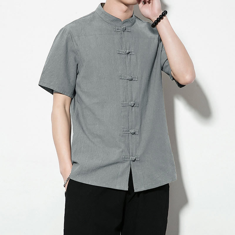 Casual Solid Color Front Frog Buttons Chinese Tang Suit Short Sleeve Linen Men's Shirt