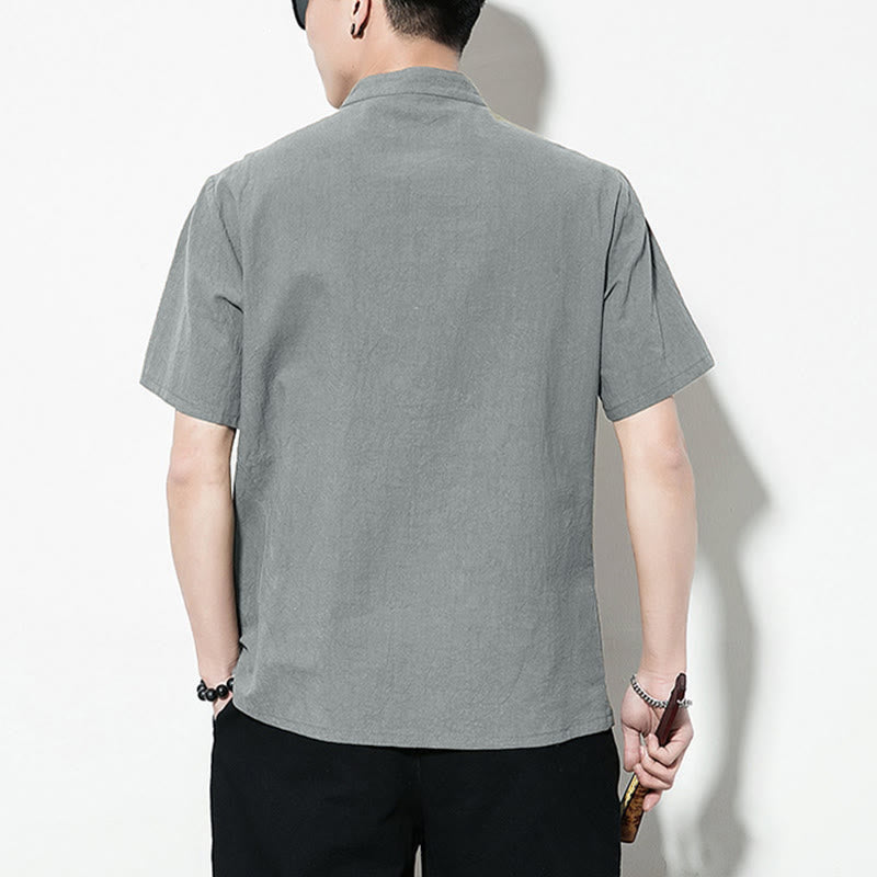 Casual Solid Color Front Frog Buttons Chinese Tang Suit Short Sleeve Linen Men's Shirt