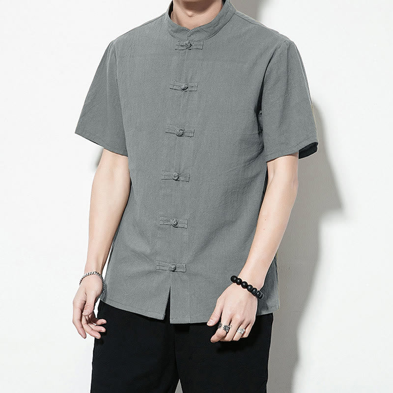 Casual Solid Color Front Frog Buttons Chinese Tang Suit Short Sleeve Linen Men's Shirt