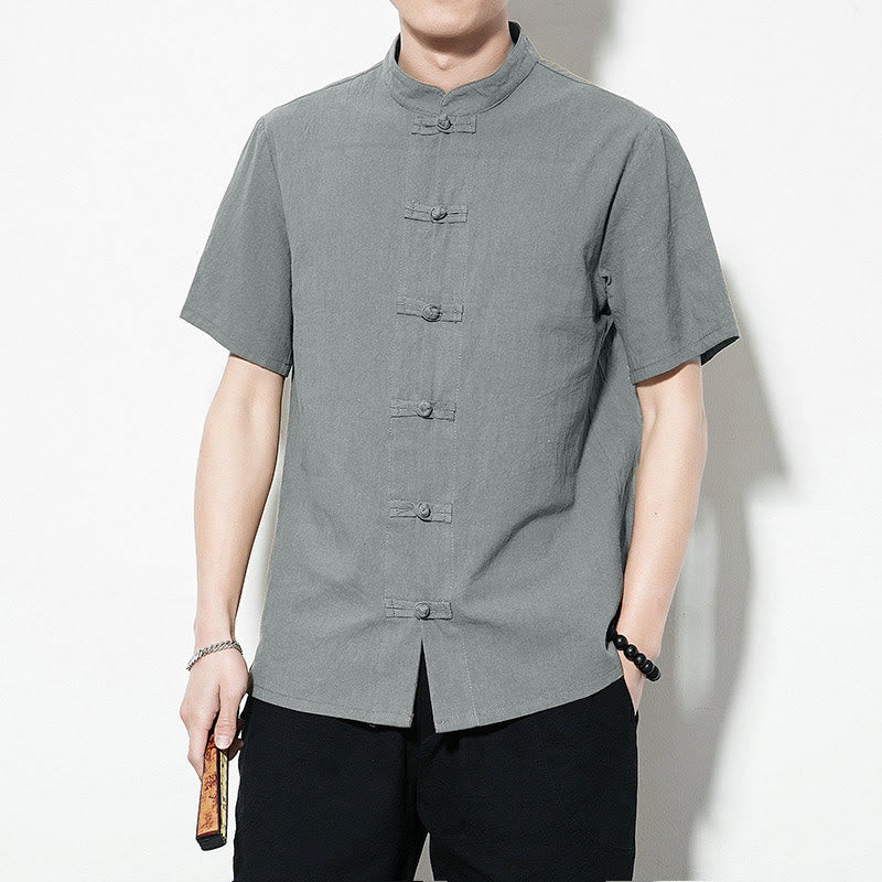 Casual Solid Color Front Frog Buttons Chinese Tang Suit Short Sleeve Linen Men's Shirt
