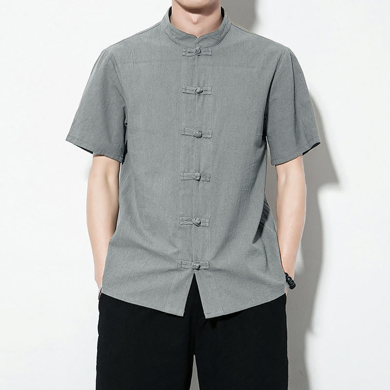 Casual Solid Color Front Frog Buttons Chinese Tang Suit Short Sleeve Linen Men's Shirt