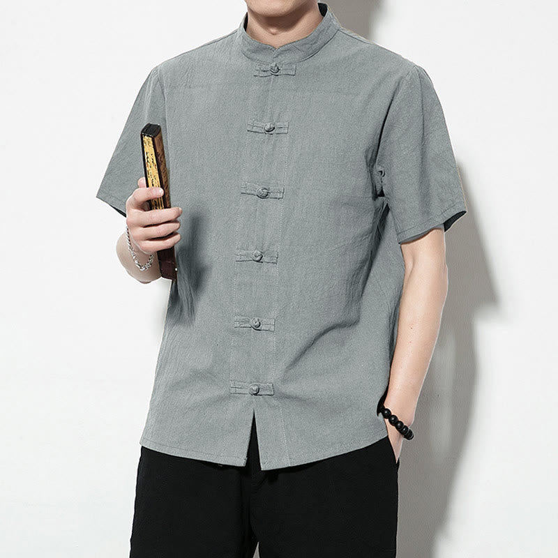 Casual Solid Color Front Frog Buttons Chinese Tang Suit Short Sleeve Linen Men's Shirt