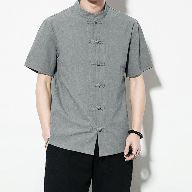 Casual Solid Color Front Frog Buttons Chinese Tang Suit Short Sleeve Linen Men's Shirt