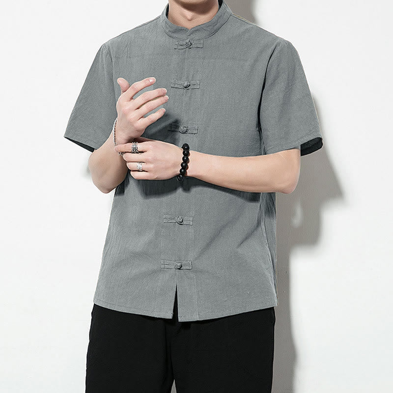 Casual Solid Color Front Frog Buttons Chinese Tang Suit Short Sleeve Linen Men's Shirt