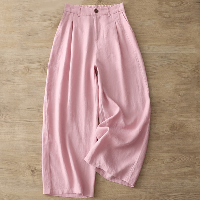 Casual Retro Plain Women's Cotton Wide Leg Pants With Pockets Zipper