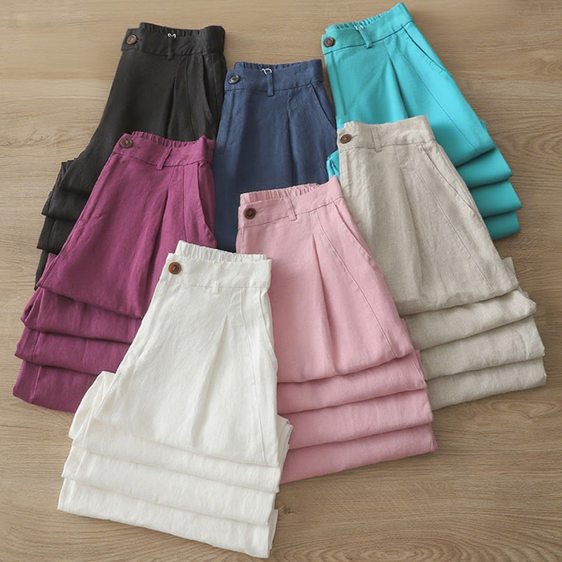 Casual Retro Plain Women's Cotton Wide Leg Pants With Pockets Zipper