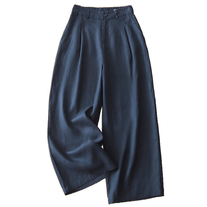 Casual Retro Plain Women's Cotton Wide Leg Pants With Pockets Zipper