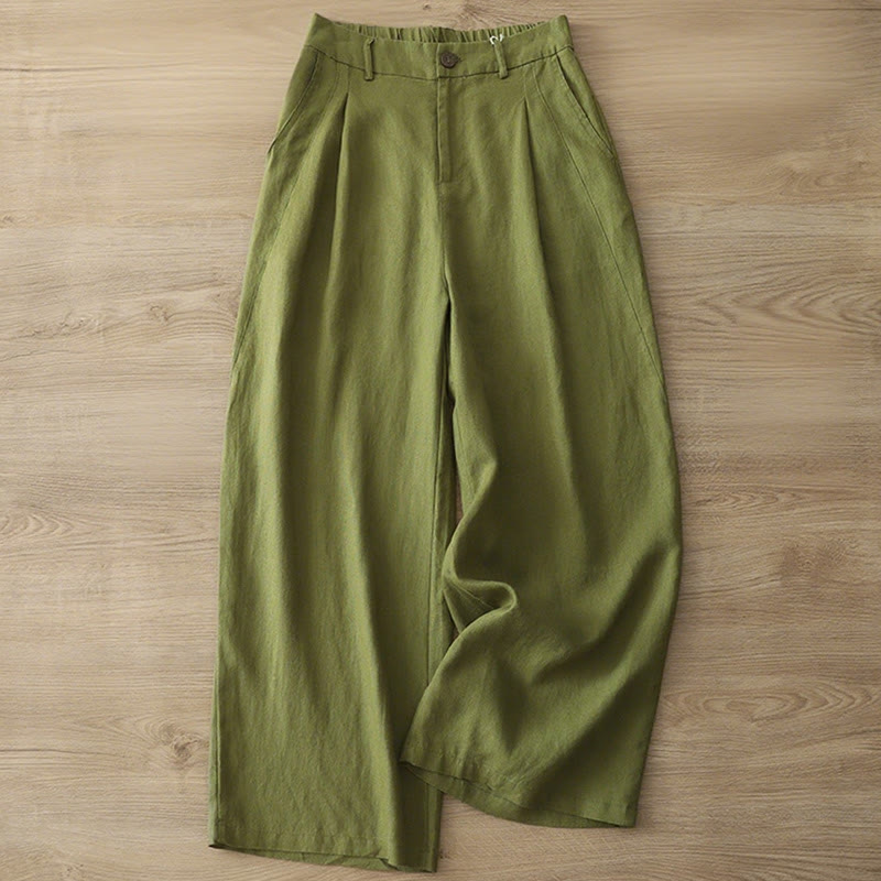 Casual Retro Plain Women's Cotton Wide Leg Pants With Pockets Zipper