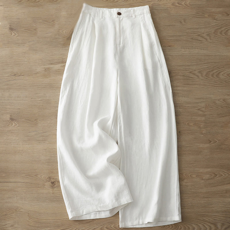 Casual Retro Plain Women's Cotton Wide Leg Pants With Pockets Zipper