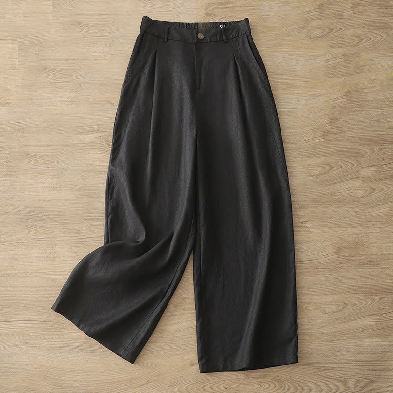 Casual Retro Plain Women's Cotton Wide Leg Pants With Pockets Zipper